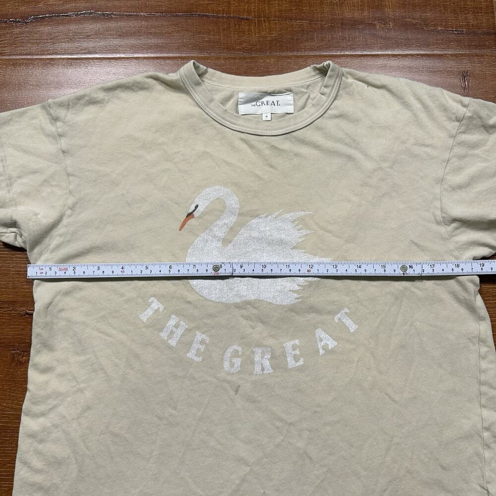 THE GREAT. Beige Cotton Tee with White Swan Graphic - Picture 7 of 13